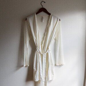 Satin and Lace Showstopper Robe by Flora Nikrooz - Long-Sleeve in Ivory Women XS